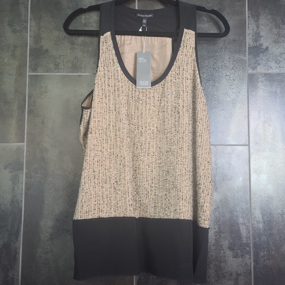 Eileen Fisher Black Nude Sequined Silk Tank Medium